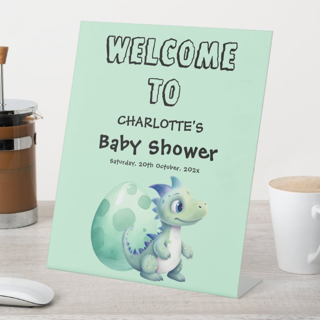 Cute Baby Dinosaur with Its Egg Baby Shower Pedestal Sign (In SItu)