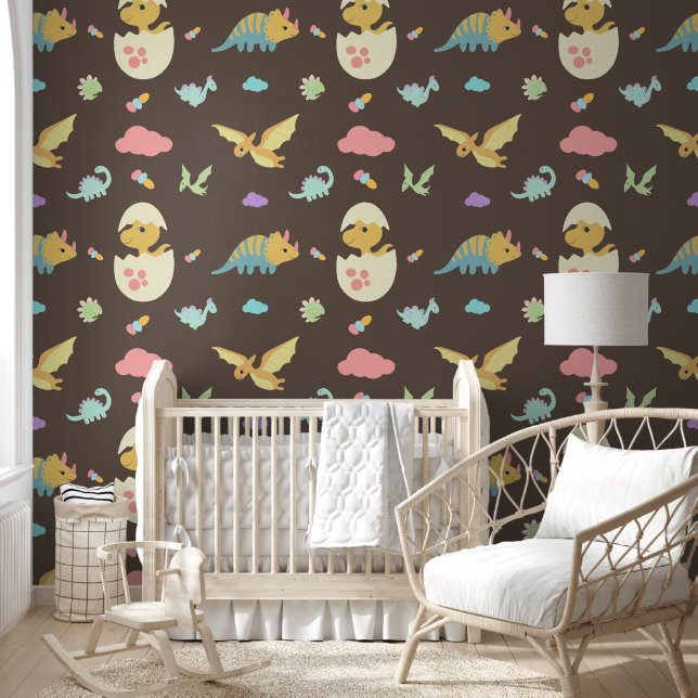 Cute Baby Dinosaurs Pink Clouds & Brown Nursery Wallpaper (Kids)