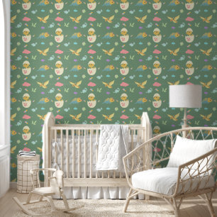 Cute Baby Dinosaurs Pink Clouds & Green Nursery Wallpaper