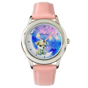 Cute Baby Dog on the Moon Stars Watercolor Custom Watch