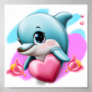 Cute Baby Dolphin with Valentine's Heart  Poster
