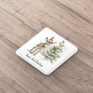 cute baby donkey and christmas tree, customisable 15 cm square badge