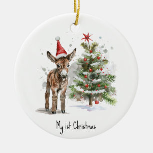 cute baby donkey and christmas tree, customisable ceramic ornament