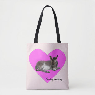 Cute Baby Donkey Foal Dreaming in Big Pink Heart Tote Bag