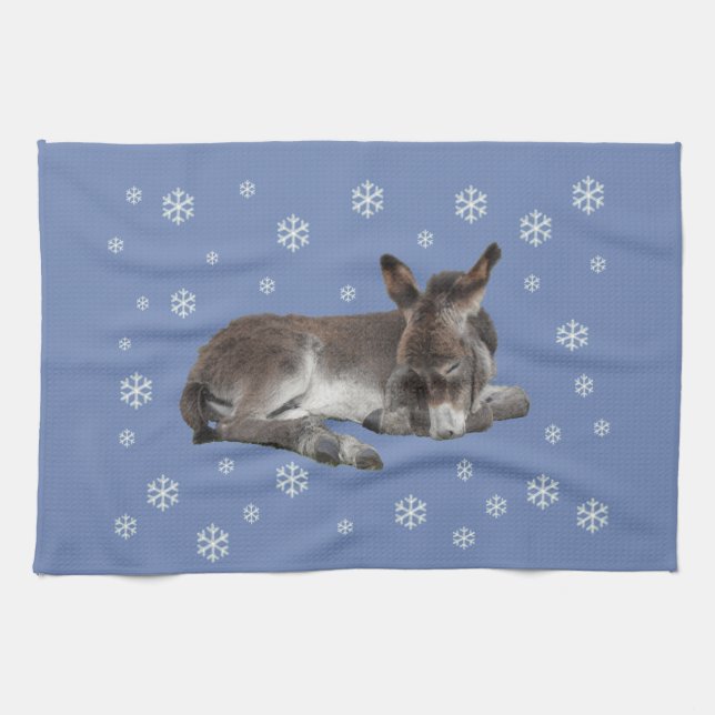 Cute Baby Donkey Sleeping with Snowflakes Tea Towel (Horizontal)