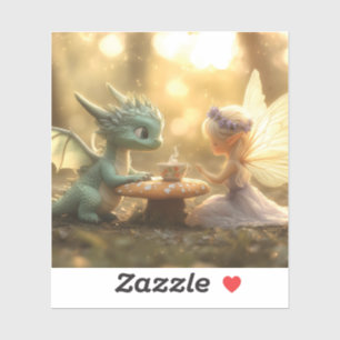 Cute Baby Dragon and Fairy Enjoying Tea