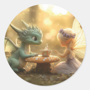 Cute Baby Dragon and Fairy Enjoying Tea Classic Round Sticker
