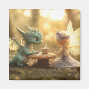 Cute Baby Dragon and Fairy Enjoying Tea Magnet