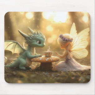 Cute Baby Dragon and Fairy Enjoying Tea Mouse Pad