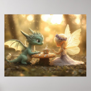 Cute Baby Dragon and Fairy Enjoying Tea  Poster