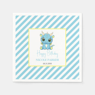 Cute Baby Dragon Blue Stripes Birthday Napkin
