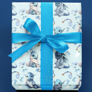 Cute Baby Dragon Blue Watercolor Wrapping Paper