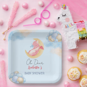Cute baby dragon dinosaur Balloon baby shower Paper Plate