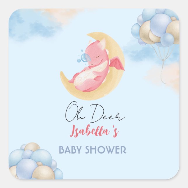 Cute baby dragon dinosaur Balloon baby shower Square Sticker (Front)