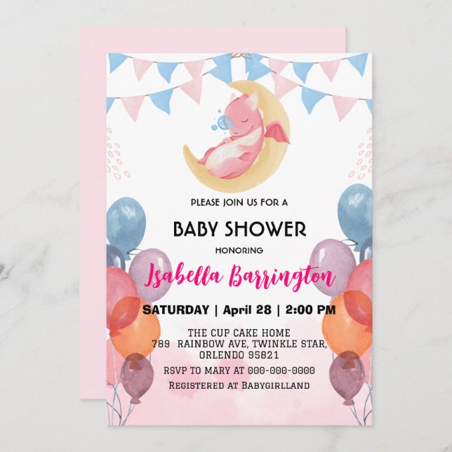 Cute baby dragon dinosaur balloon girl baby shower invitation (Front/Back)