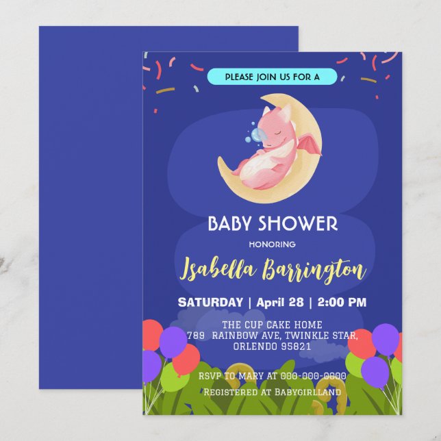 Cute baby dragon dinosaur balloon girl baby shower invitation (Front/Back)