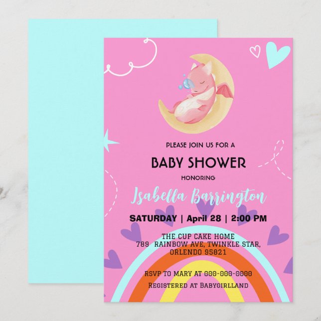 Cute baby dragon dinosaur balloon girl baby shower invitation (Front/Back)