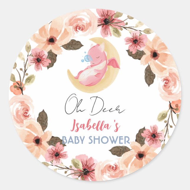 Cute baby dragon dinosaur wildflower baby shower classic round sticker (Front)