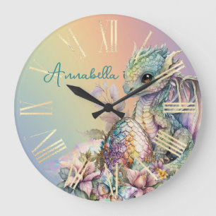 Cute Baby Dragon Egg on Rainbow Large Clock