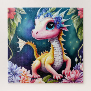 Cute Baby Dragon Floral Portrait Jigsaw Puzzle