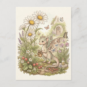 Cute Baby Dragon Gardening in Fairytale Cottage  Postcard