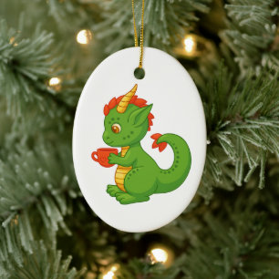 Cute Baby Dragon Holding Cup Ceramic Ornament