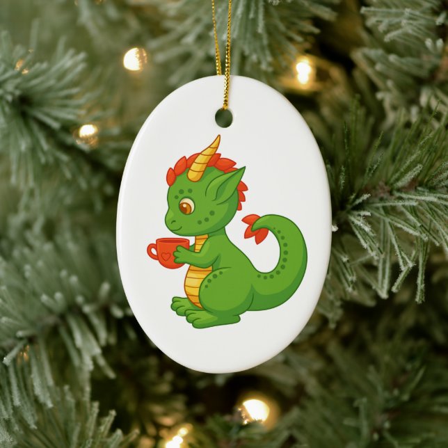 Cute Baby Dragon Holding Cup Ceramic Ornament (Tree)