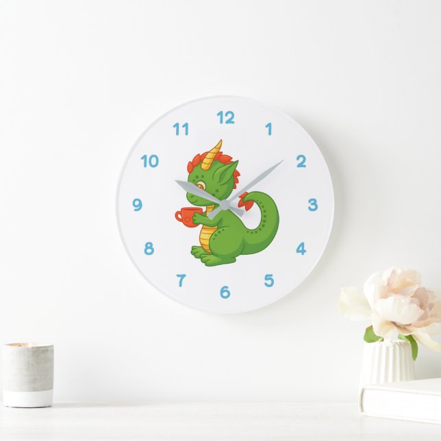 Cute Baby Dragon Holding Cup Large Clock (Home)
