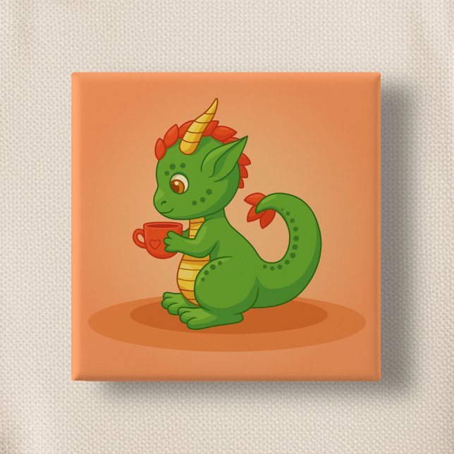 Cute Baby Dragon Holding Cup on Orange 15 Cm Square Badge (Creator Uploaded)