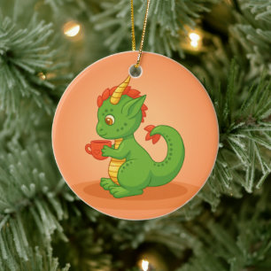 Cute Baby Dragon Holding Cup on Orange Ceramic Ornament