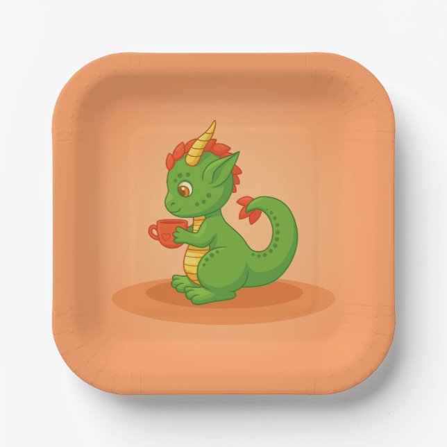 Cute Baby Dragon Holding Cup on Orange Paper Plate (Front)