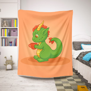 Cute Baby Dragon Holding Cup on Orange Sherpa Blanket