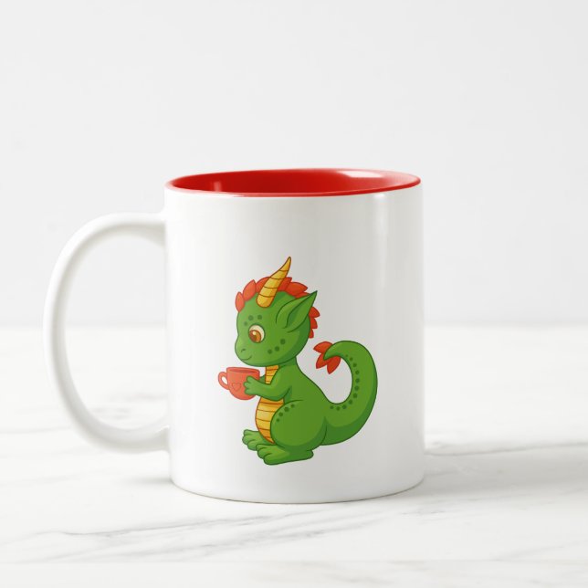 Cute Baby Dragon Holding Cup Two-Tone Mug (Left)