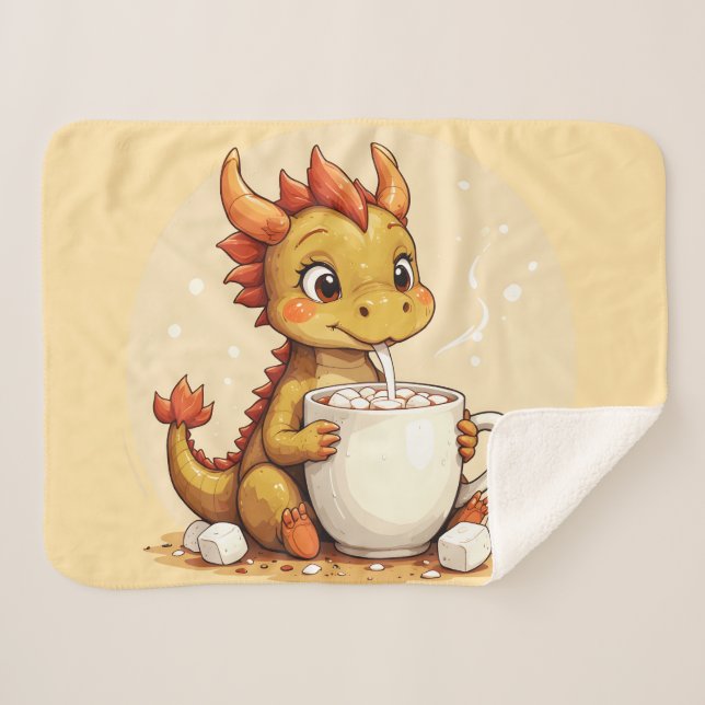 Cute Baby Dragon Hot Chocolate Kids Kawaii Cozy De Sherpa Blanket (Front (Horizontal))