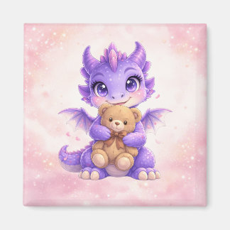 Cute Baby Dragon Hugging Teddy Bear Square Magnet