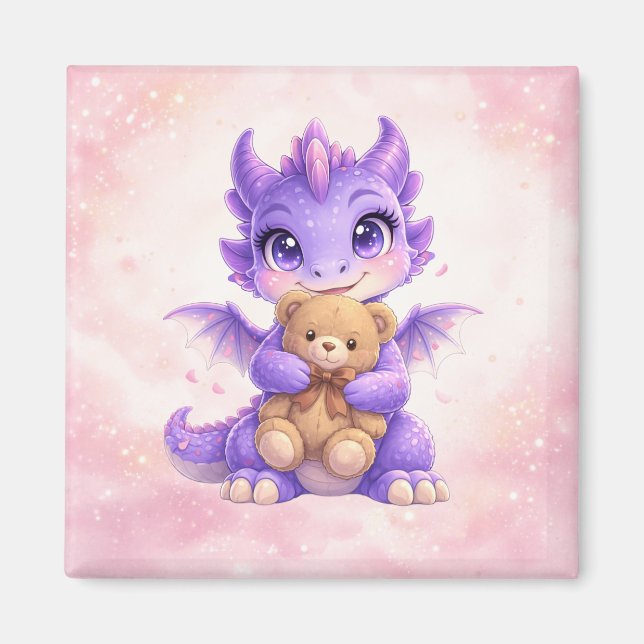 Cute Baby Dragon Hugging Teddy Bear Square Magnet (Front)