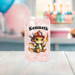 Cute baby dragon in firefighter gear can glass