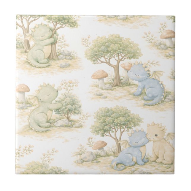 Cute Baby Dragon Pastel Woodland Pattern (2) Ceramic Tile (Front)