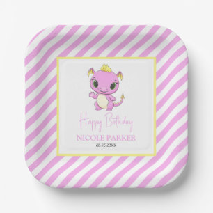 Cute Baby Dragon Pink Stripes Birthday Paper Plate