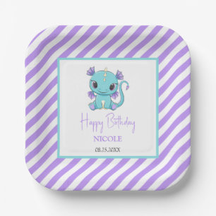 Cute Baby Dragon Purple Stripes Birthday Paper Plate