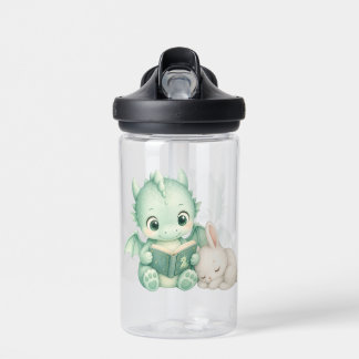 Cute Baby Dragon Reading Book Whimsical Watercolor Water Bottle