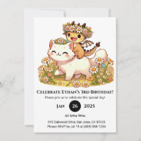 Cute Baby Dragon Riding White Cat Birthday