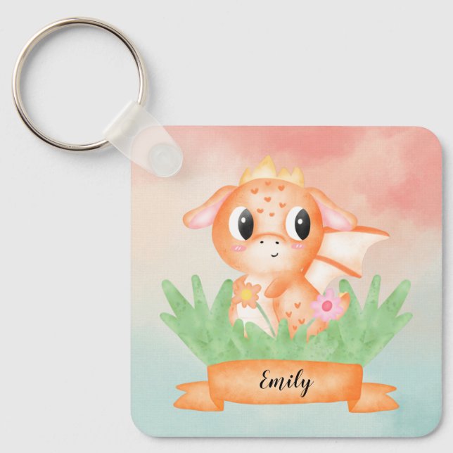 Cute Baby Dragon Watercolour Button Key Ring (Front)