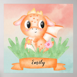 Cute Baby Dragon Watercolour Poster