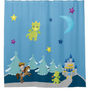 Cute Baby Dragons & Knight w/ Castle Nursery Theme Shower Curtain