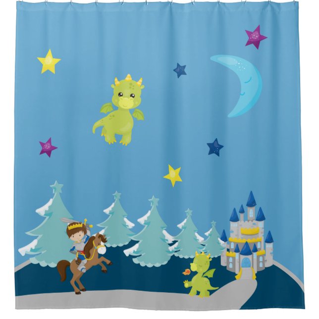 Cute Baby Dragons & Knight w/ Castle Nursery Theme Shower Curtain (Front)