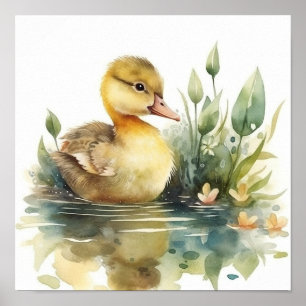 Cute Baby Duck, Duck on a Pond Watercolor Poster