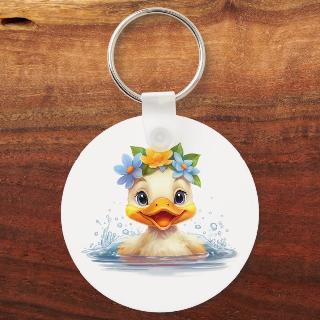 Cute Baby Duck Ducklings Fun animals flowers Key Ring (Back)