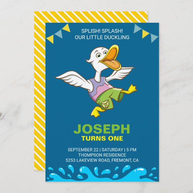 Cute Baby Duck First 1st Birthday Party Invitation (Front/Back)