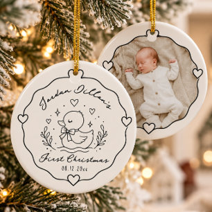 Cute Baby Duck First Christmas Photo Name Ceramic Ornament